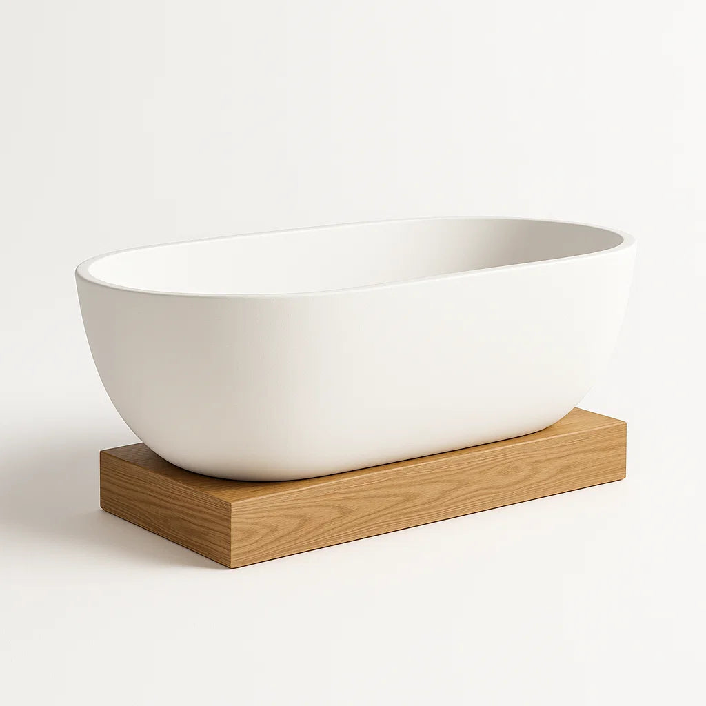 Freistehende Badewanne aus Acryl mit Holzsockel in Weiß