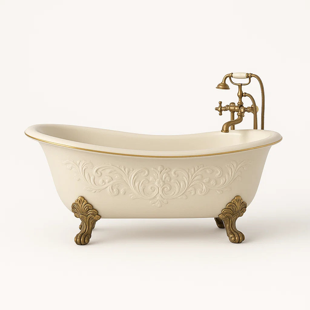 Freistehende Acrylbadewanne mit Messingverzierungen Creme