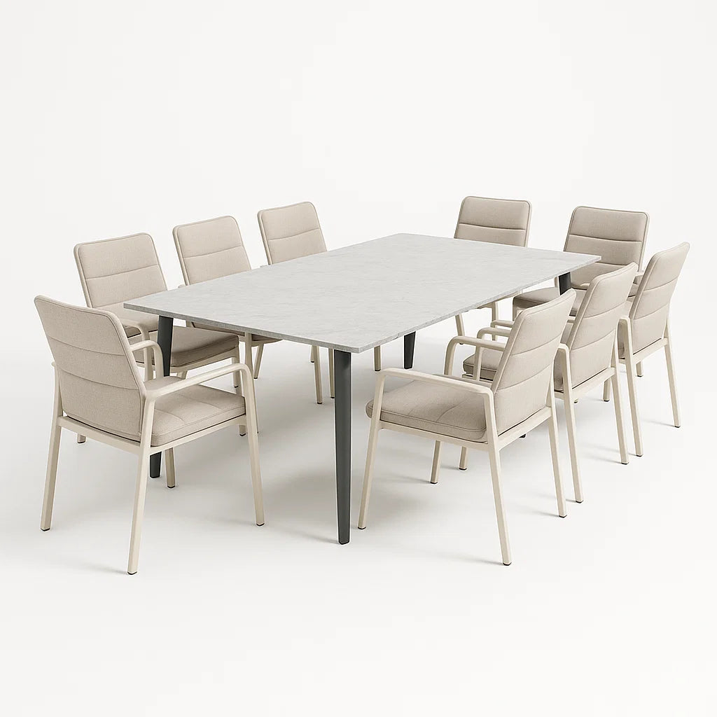 Essgruppe aus Aluminium mit HPL-Tischplatte und 8 Stühlen, Hellgrau/Schwarz/Beige