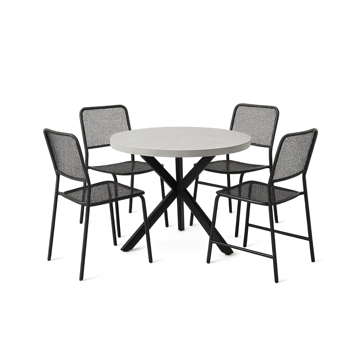 Rundtisch-Set aus Beton mit 4 Stahlstühlen