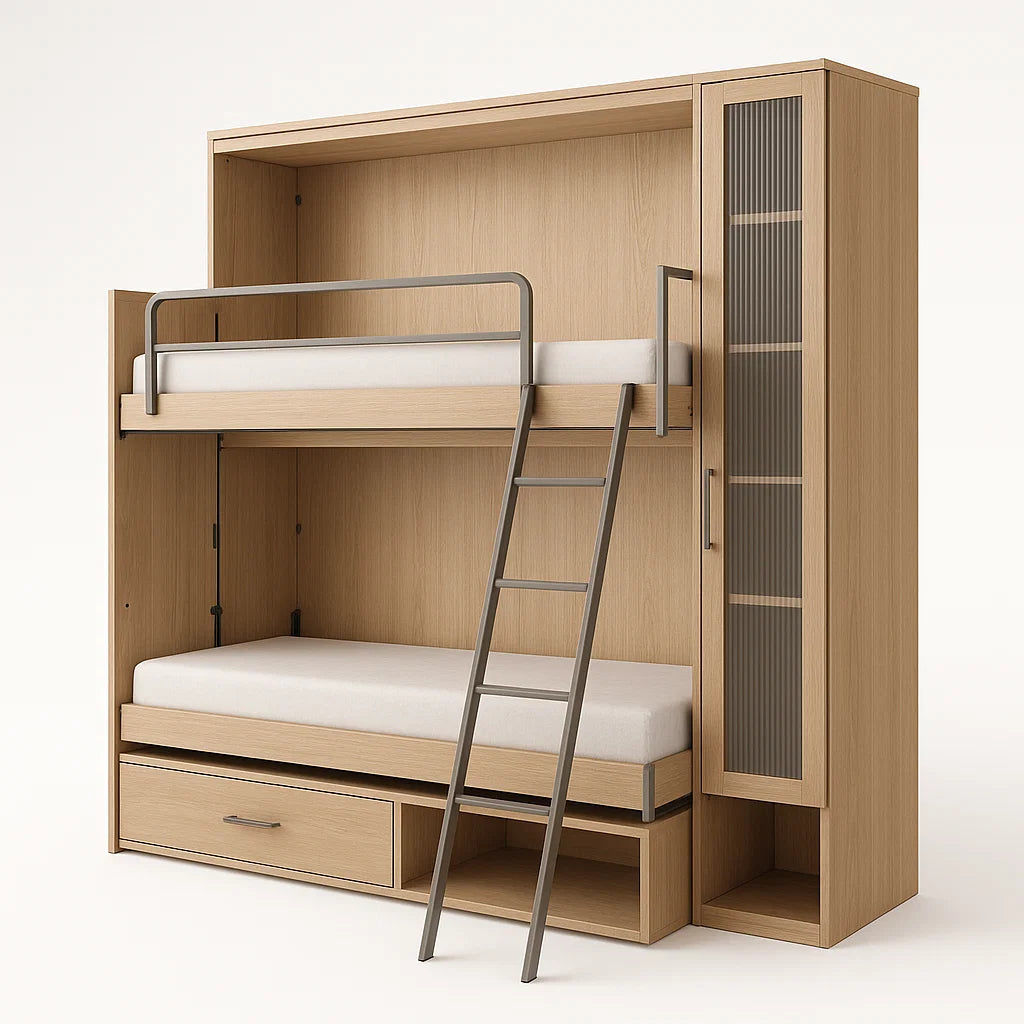 Etagenbett aus Eichenholz mit Schrank und Metallleiter