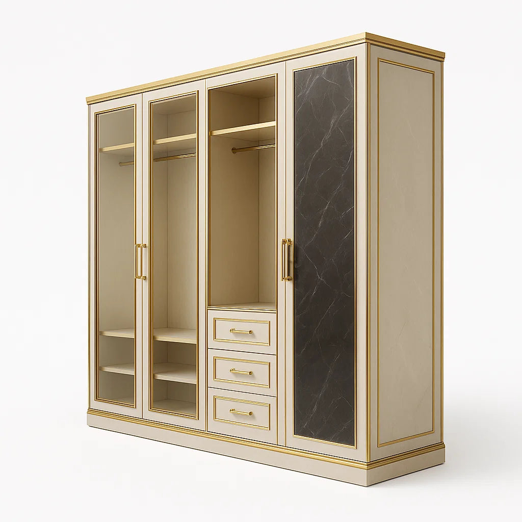 Kleiderschrank mit 4 Türen aus MDF in Beige/Schwarz