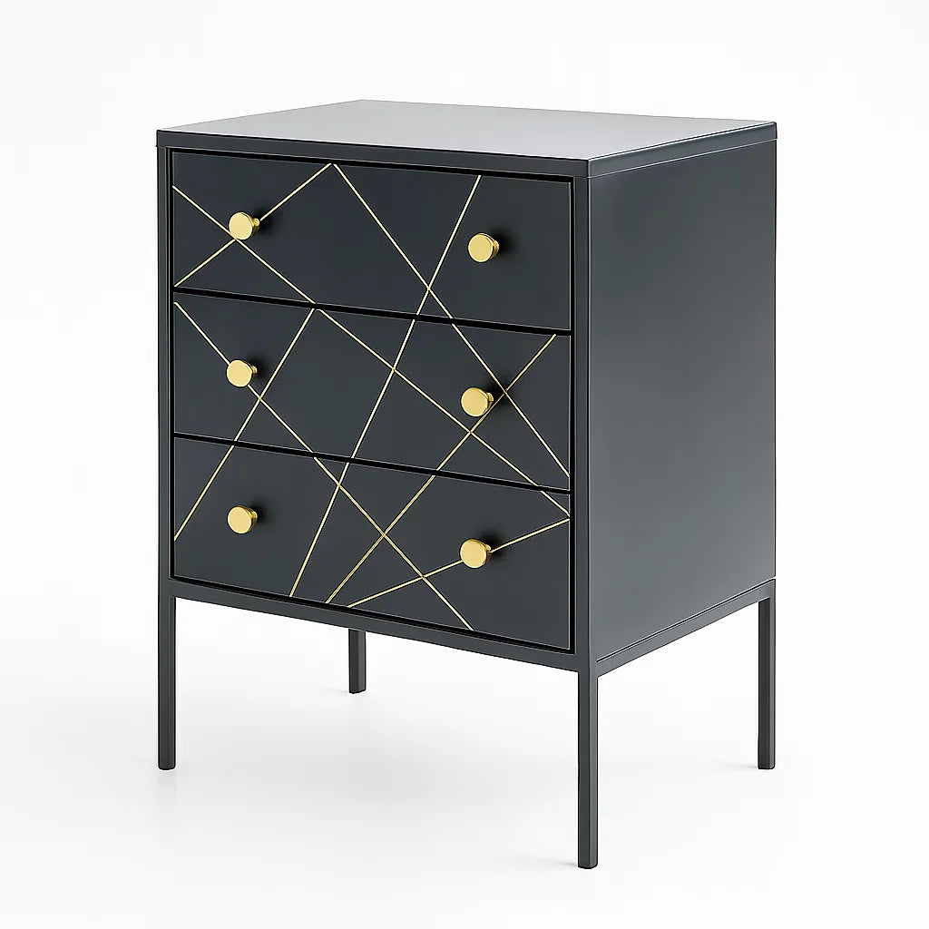 Kommode mit 3 Schubladen aus MDF und Metall in Schwarz mit Gold