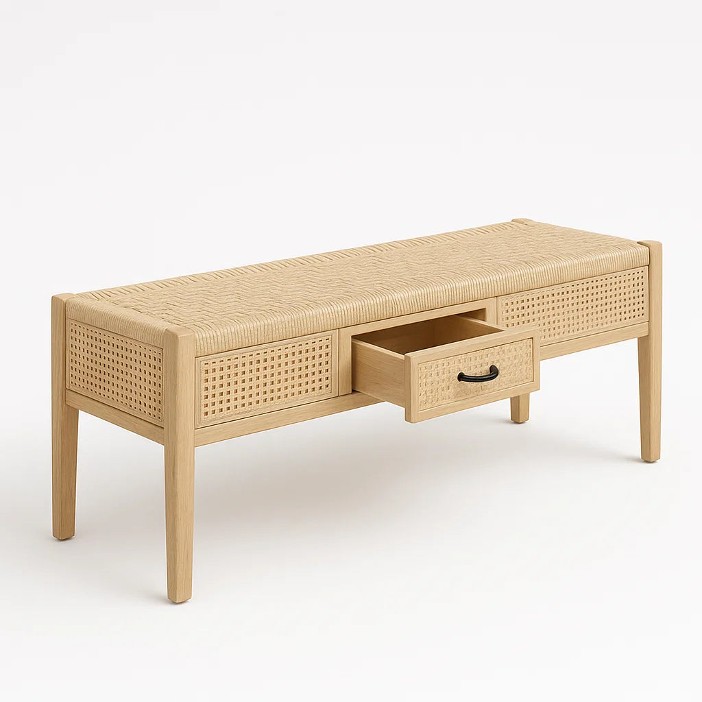 Bank aus Eichenholz mit Rattan-Schubladen Beige 120cm