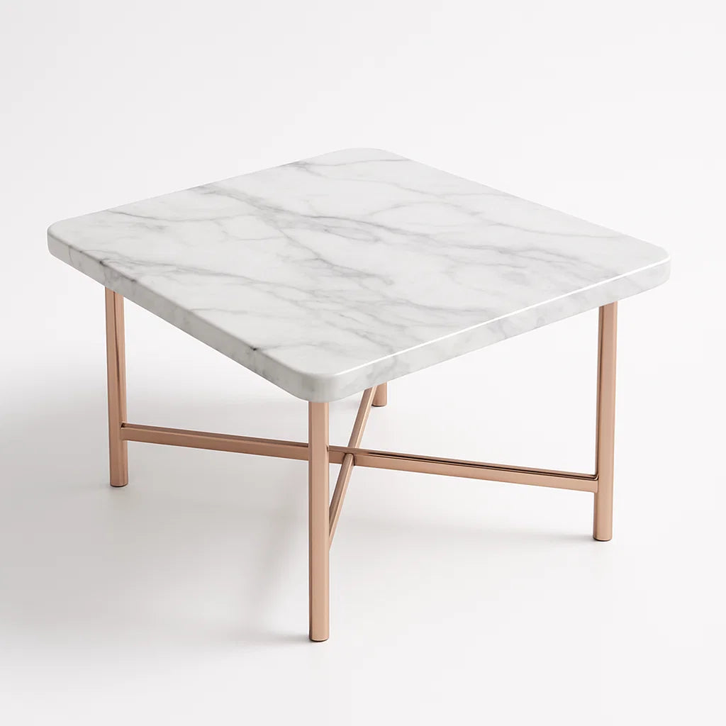 Quadratischer Marmor-Metall-Tisch 45x45 cm, Weiß/Roségold