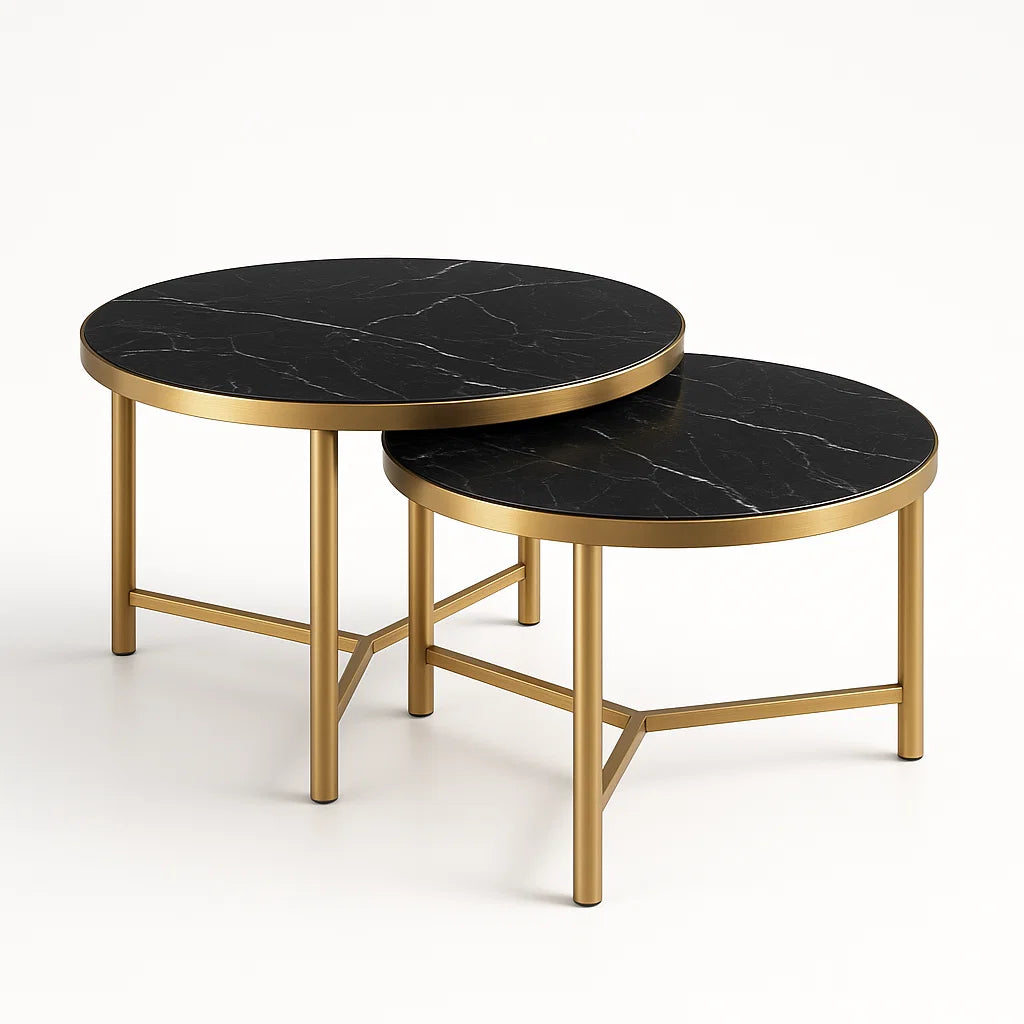 Runder Couchtisch-Set aus Marmoroptik und Metall, 80/60 cm