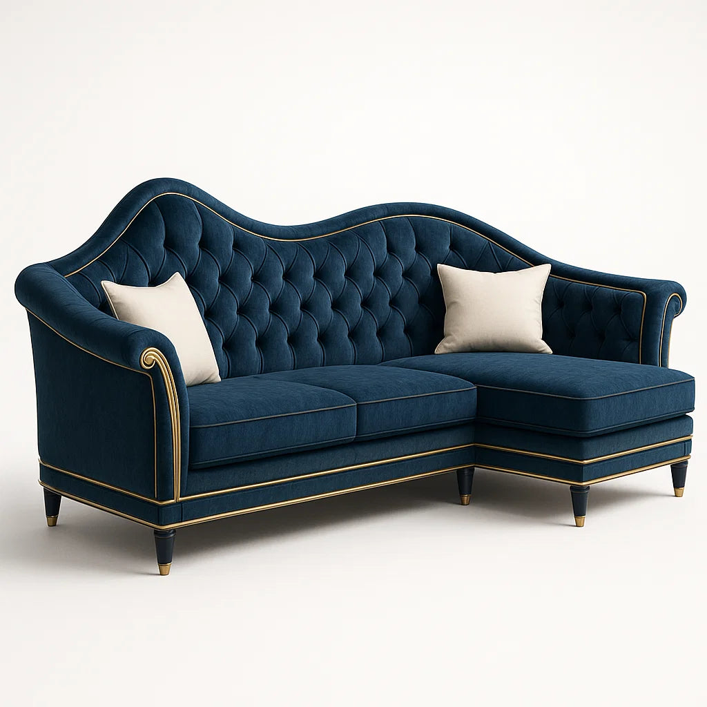 Ecksofa Samt Blau mit Goldakzenten 3-Sitzer 220cm x 150cm