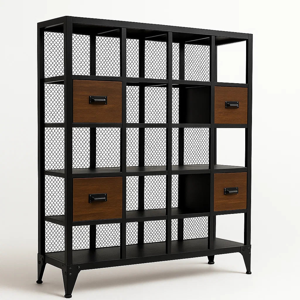 Regal aus Metall mit Schubladen Schwarz und Holzoptik 90x30x120cm