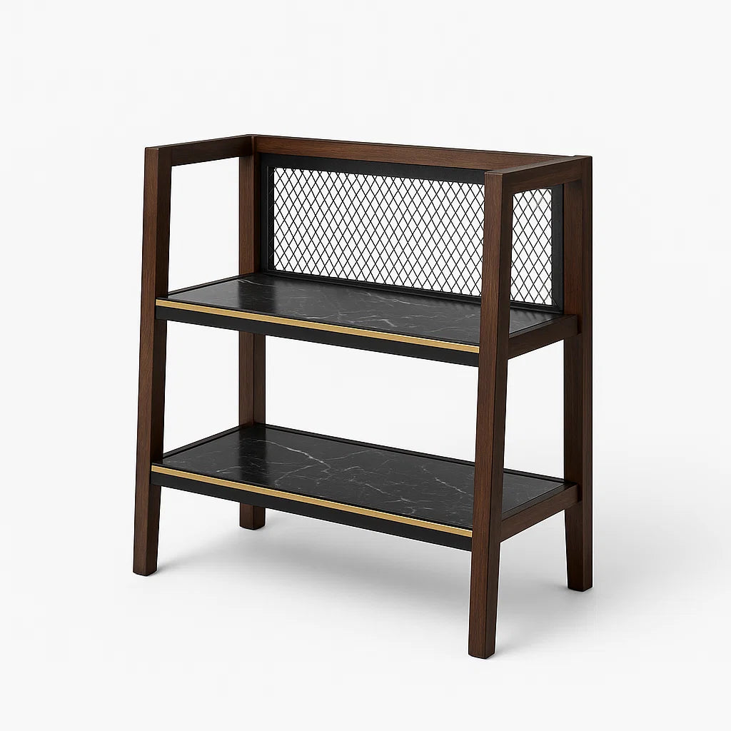Regal aus Holz mit Metallnetz und Marmoroptik