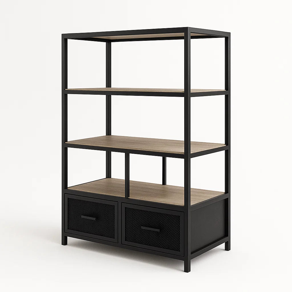Regal mit 4 Ebenen Holz Schwarz mit 2 Schubladen