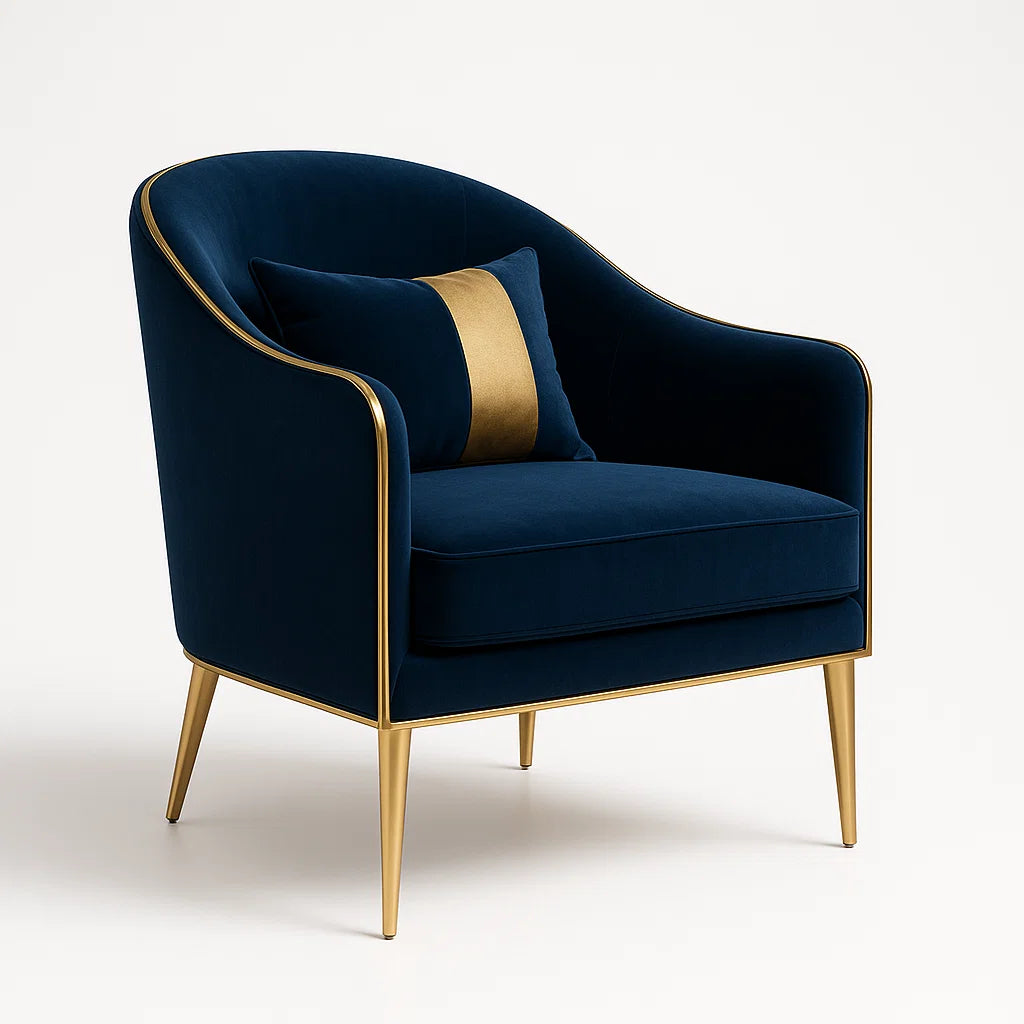 Sessel aus Samt mit goldfarbenen Metallbeinen Dunkelblau