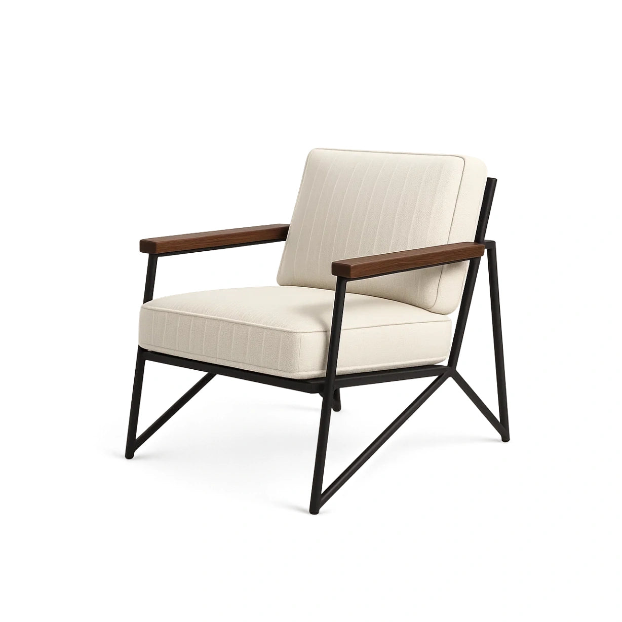 Sessel Beige Stoff Metall Holzarmlehnen