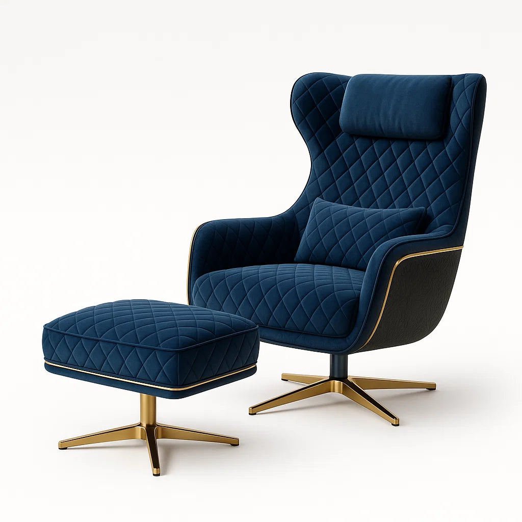 Sessel-Set mit Hocker aus Edelstahl und Samt Dunkelblau