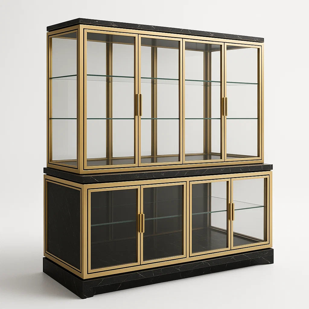 Vitrine aus Aluminium mit gehärtetem Glas Schwarz und Gold 120x40x180 cm