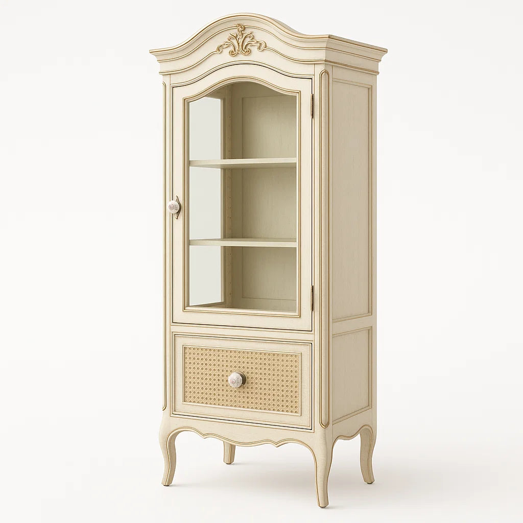 Beige Holzvitrine mit Glastür und Schublade