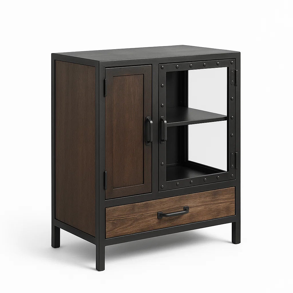 Metall- und Holzschrank mit gehärteter Glastür Braun 80 cm