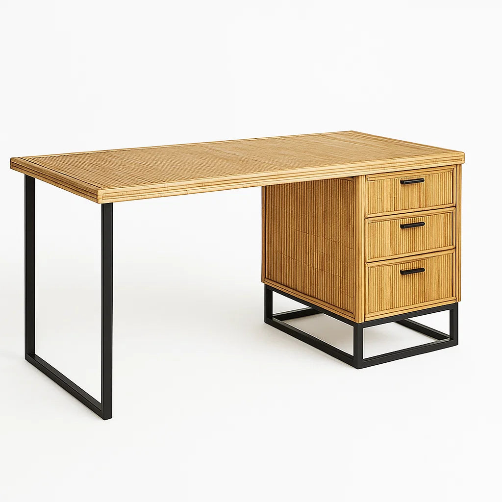Bambus Stahl Schreibtisch mit Schubladen 150x70x75cm