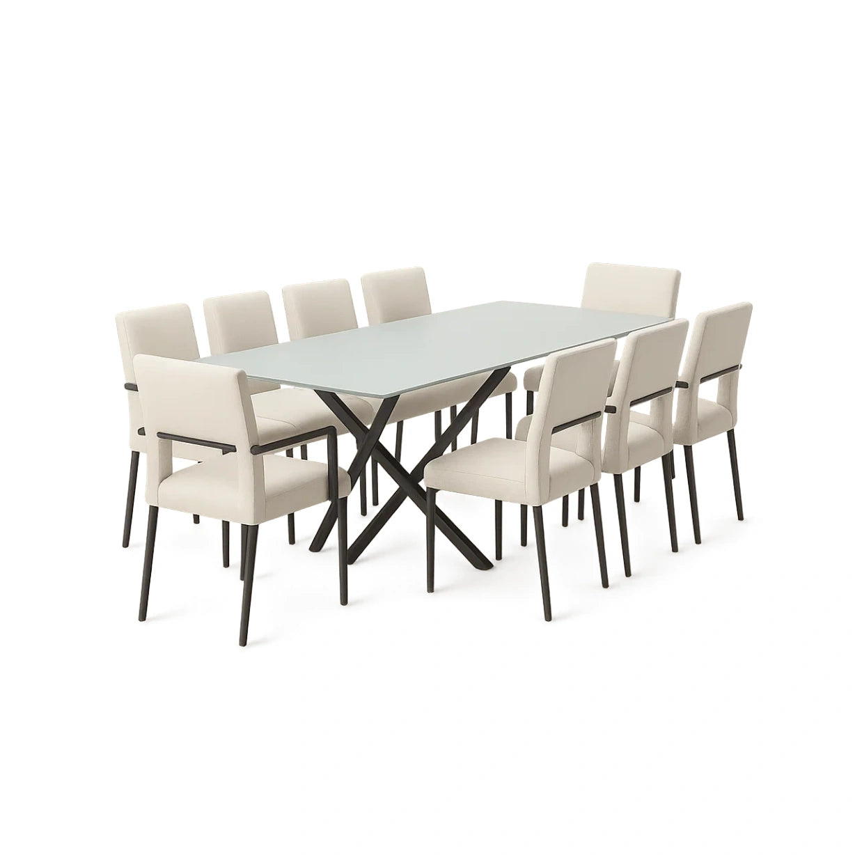 Essgruppe aus Glas, Metall und Stoff, 8 Stühle, Schwarz/Transparent/Beige