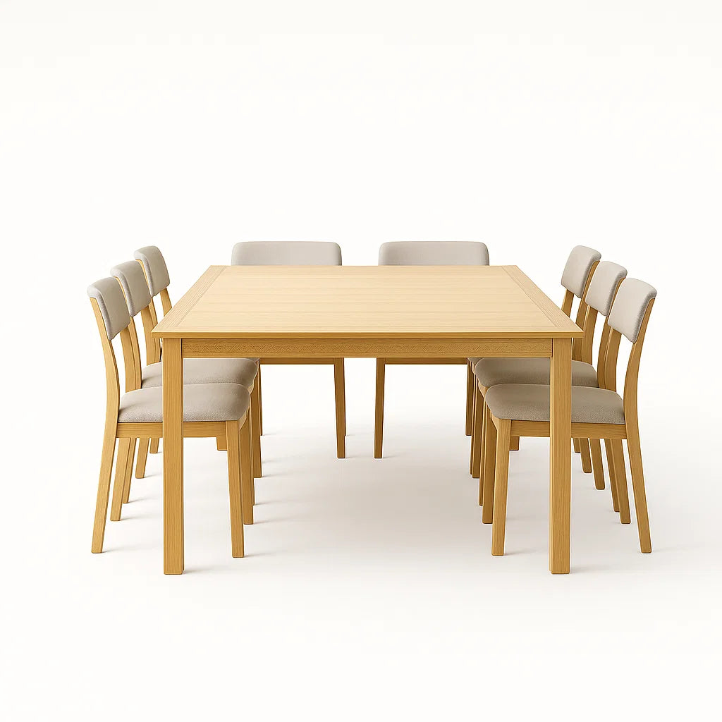 Holz Esstisch-Set mit 8 Stühlen und grauer Polsterung