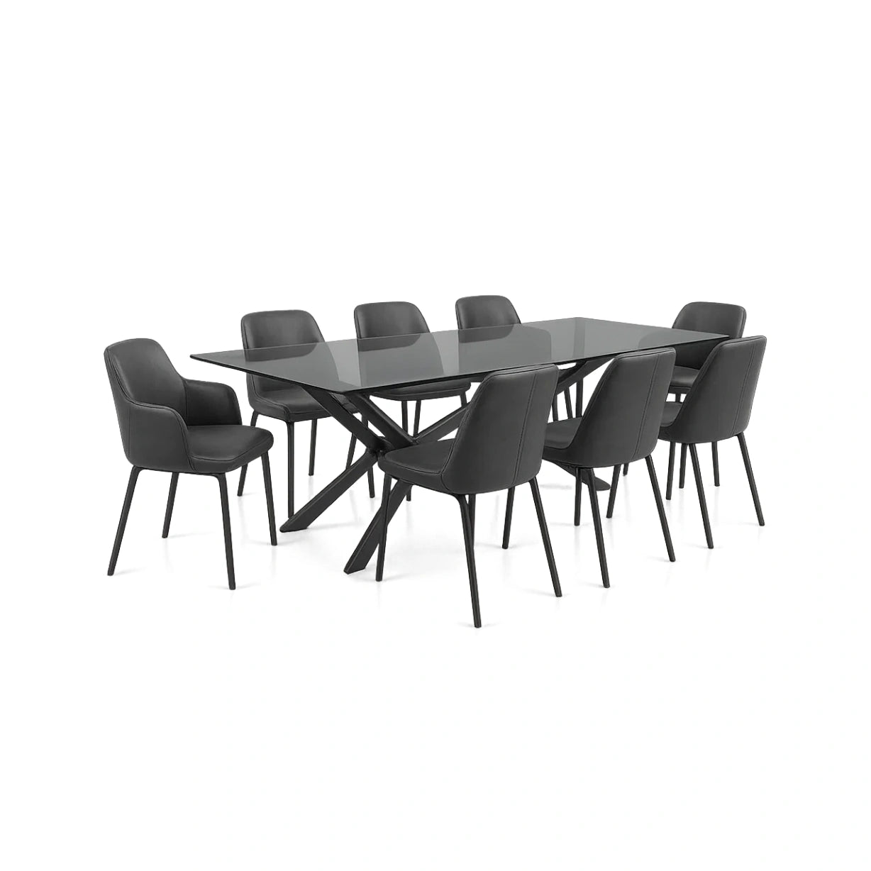Esstisch-Set mit 8 Stühlen Glasplatte Metall Schwarz 200x100cm
