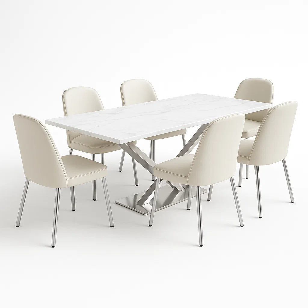 Esstisch-Set aus Marmor und Kunstleder