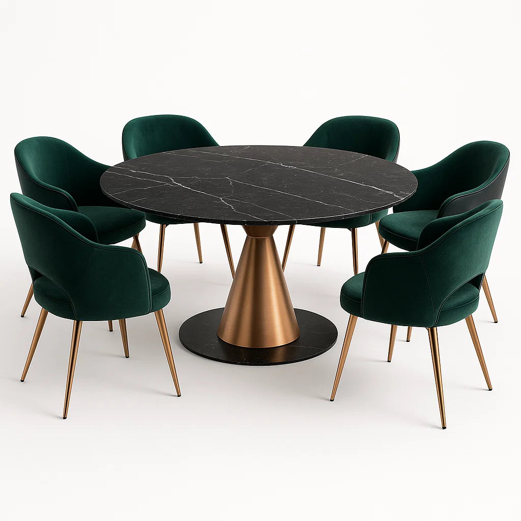 Esstisch-Set mit 6 Stühlen, Tisch aus Marmor, Stühle aus Samt