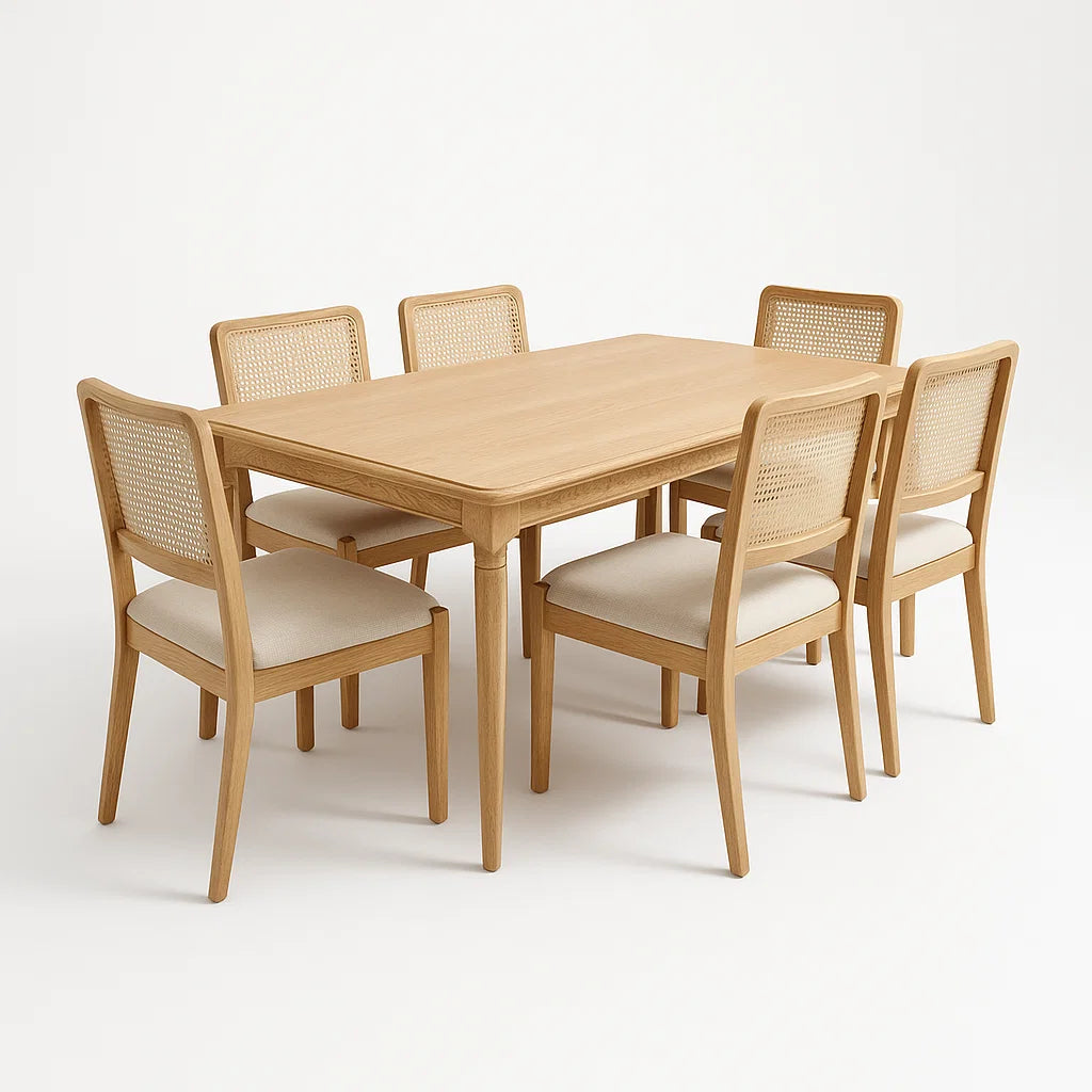 Esstischgruppe aus Eichenholz mit Rattan und Webstoff, Tisch 150x90cm und 6 Stühlen