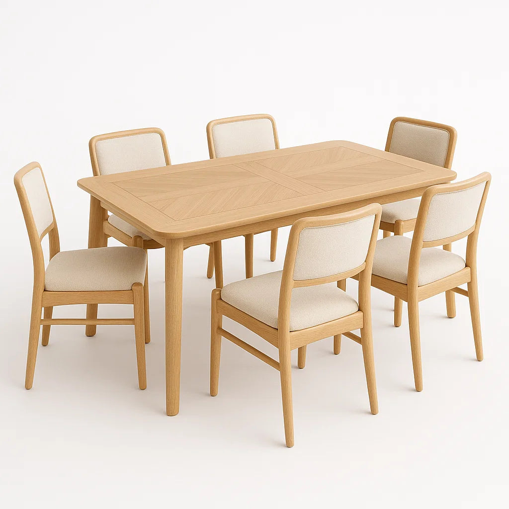 Essgruppe aus Holz mit 6 Stühlen, 150x90x75 cm
