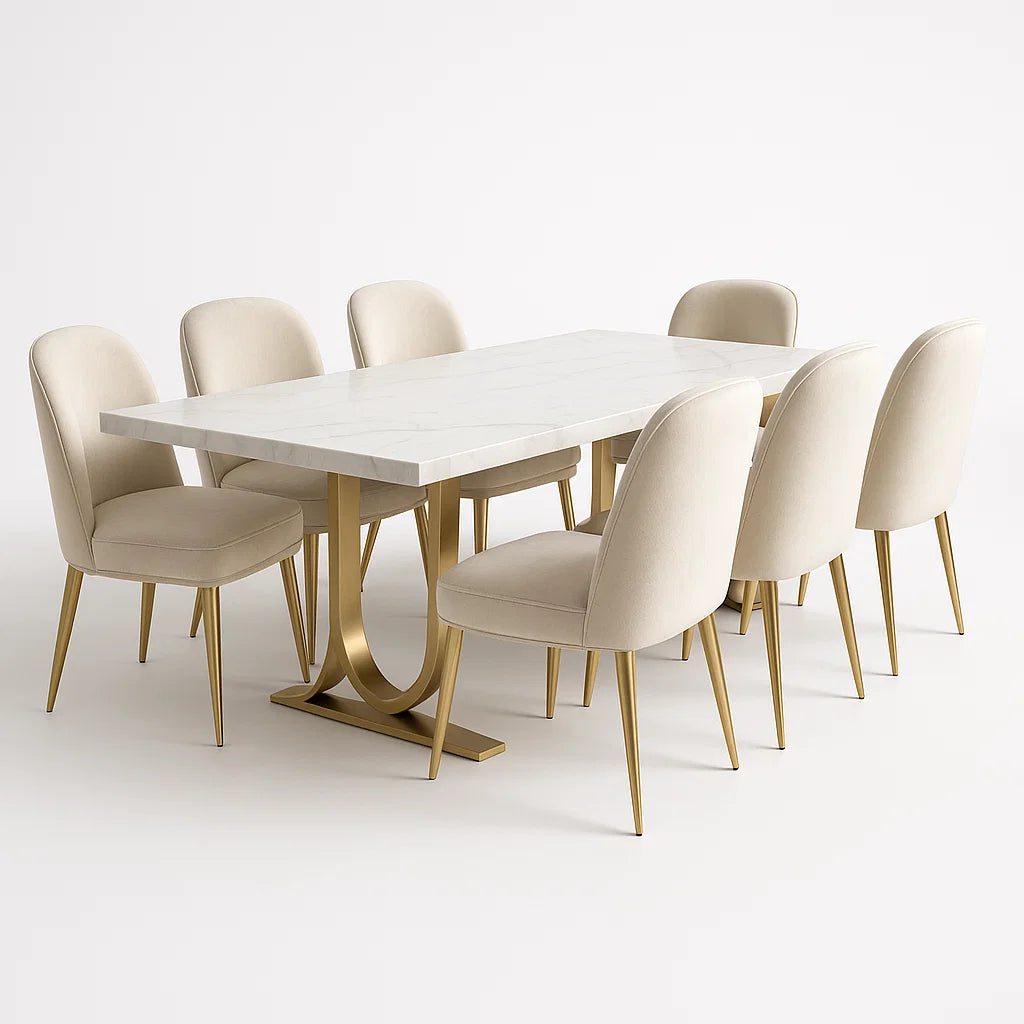 Essgruppe aus Marmor und Metall in Beige und Gold für 6 Personen