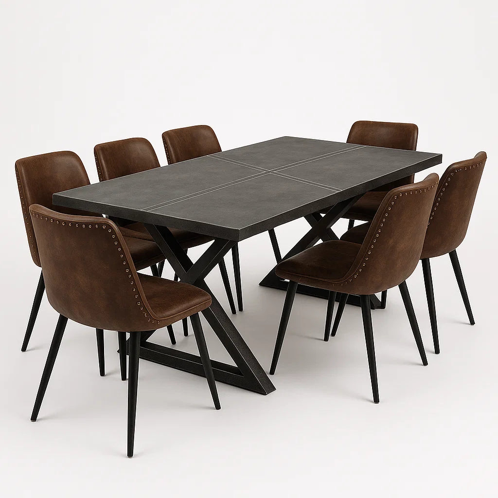 Essgruppe mit Tisch aus Keramik und Stühlen aus Kunstleder Braun