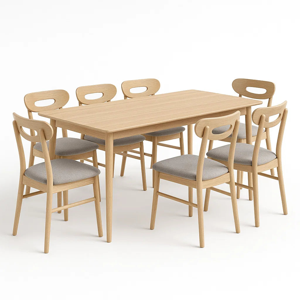 Essgruppe aus Eichenholz mit 6 Polsterstühlen Beige/Grau