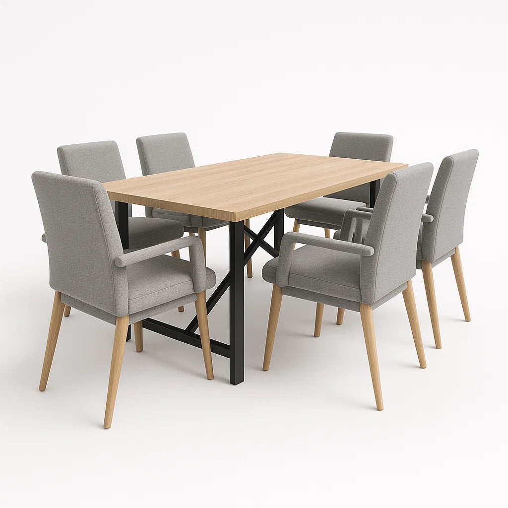 Essgruppe mit Tisch aus Eichenfurnier und Metallgestell, 6 graue Polyesterstühle