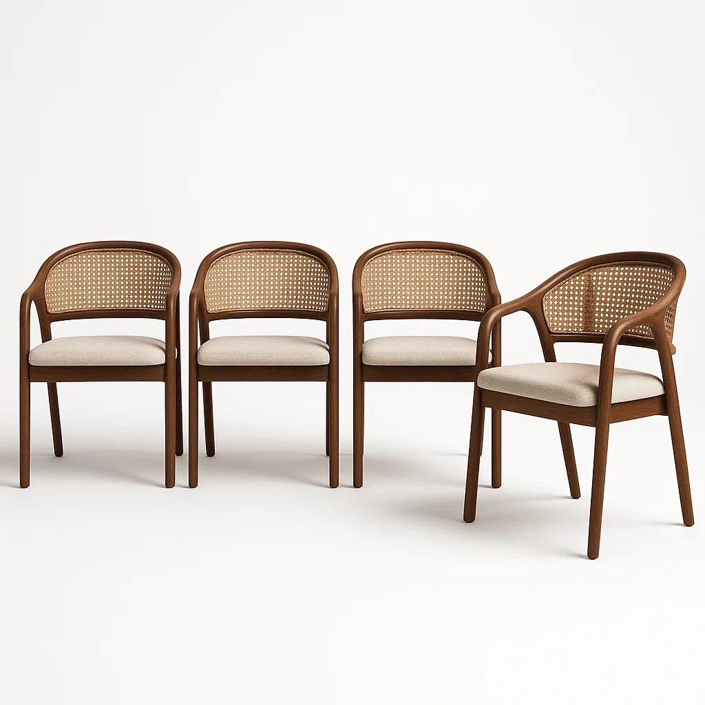 4er-Set Stühle Massivholz Rattan Beige