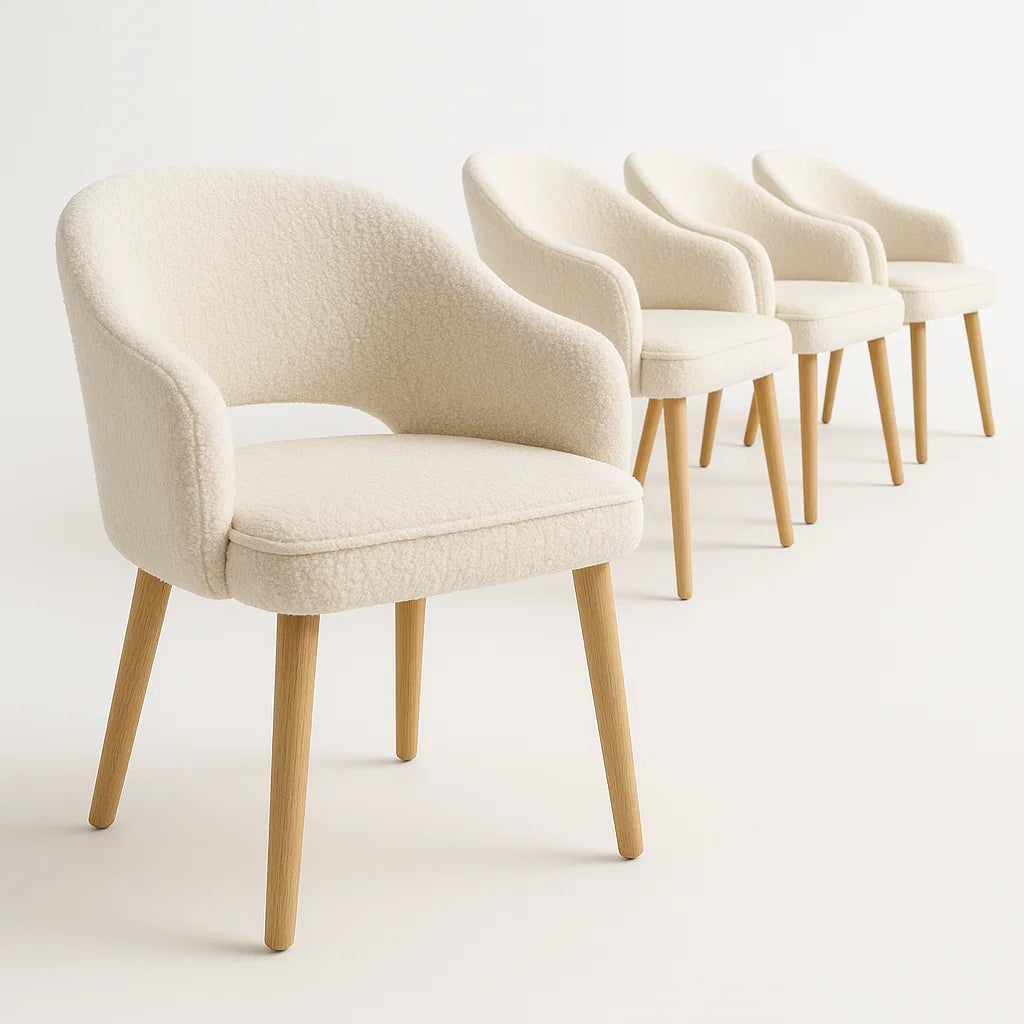 Esszimmerstuhl-Set aus Bouclé Stoff mit Holzbeinen, Creme, 4er-Set