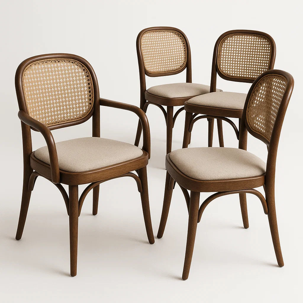 Esszimmerstuhl Set aus Holz und Rattan, Braun/Beige