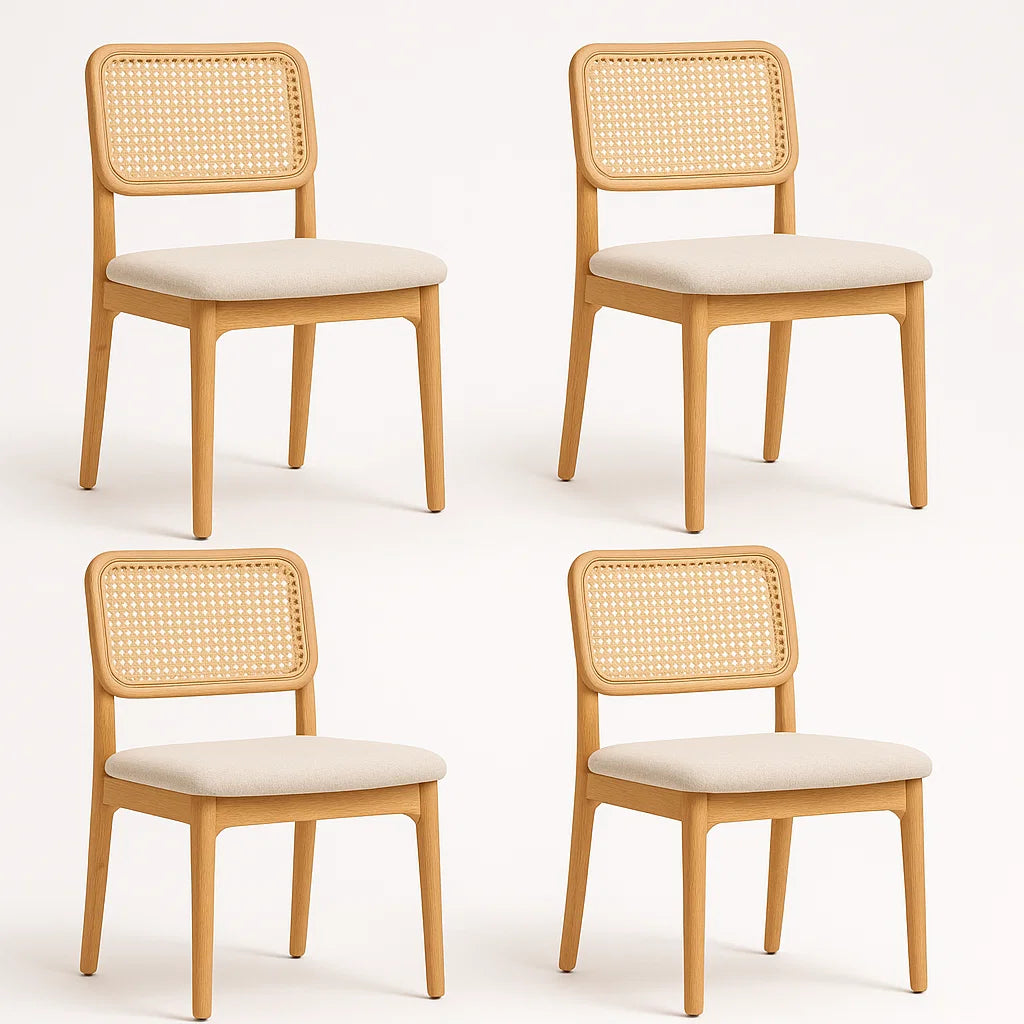 4er Set Esszimmerstühle aus Eichenholz und Rattan Beige