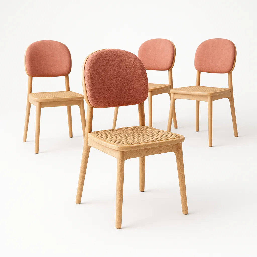 Esszimmerstuhl im 4er-Set aus Holz mit Rattan und Stoffpolsterung, Lachsrosa